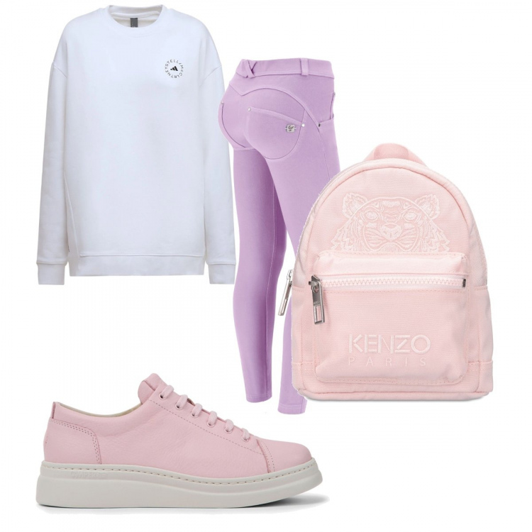 Outfit donna - Felpa bianca e sneakers rosa. Stile Basic per Tutti i giorni. Abbinamento con sneakers, pantaloni skinny, felpe, zaini.