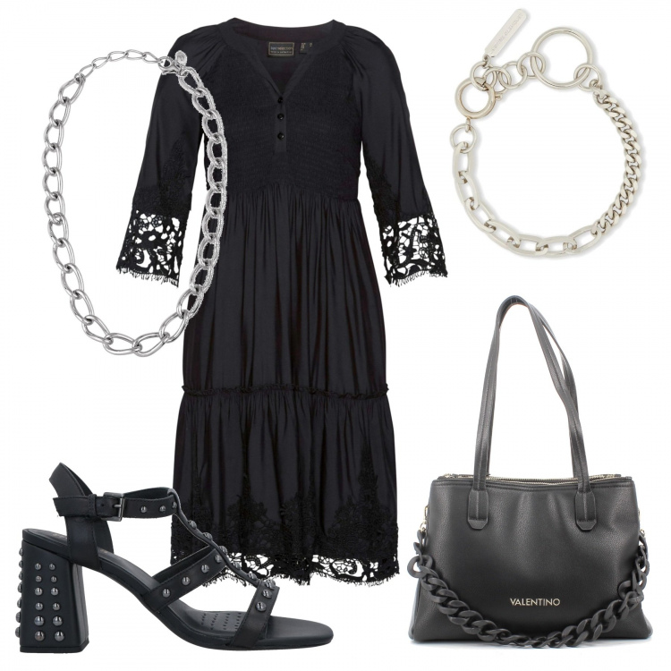 Outfit donna - Rock e catene. Stile Rock per Tutti i giorni. Abbinamento con vestiti chemisier, sandali in pelle, collane, braccialetti, borse a mano.