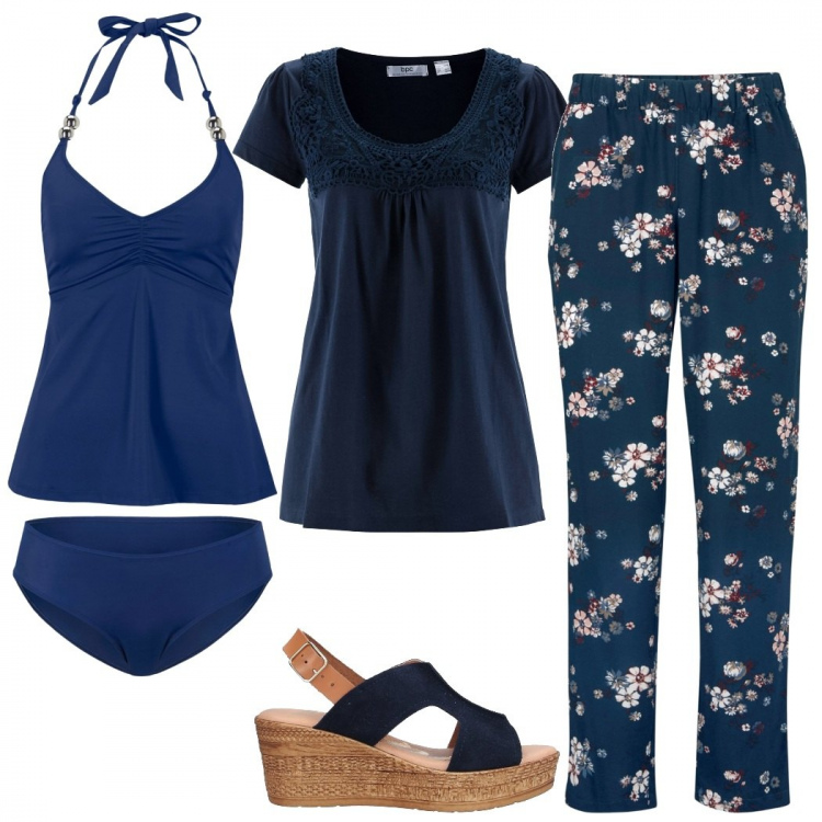 Outfit donna - Basic #4972. Stile Basic per Mare. Abbinamento con pantaloni, maglieria, costumi interi, sandali in pelle.