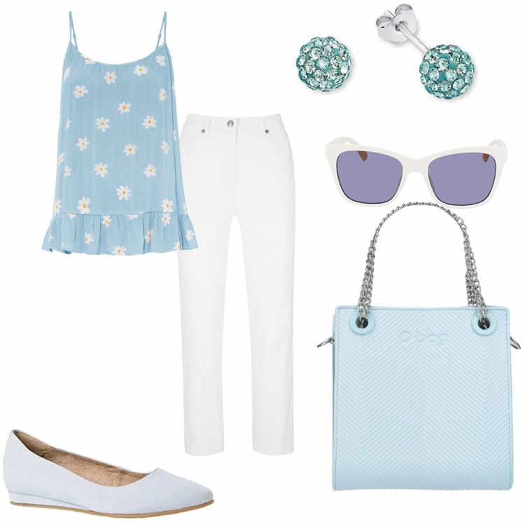 Outfit donna - Pantalone capri bianco e maglia celeste. Stile Bon Ton per Tutti i giorni. Abbinamento con pantaloni, top, borse a mano, occhiali da sole, ballerine, orecchini.