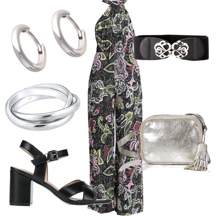 Outfit donna - La tuta fantasia. Stile Glamour per Serata fuori. Abbinamento con cinture, tute, orecchini, sandali col tacco, borse a tracolla, anelli.