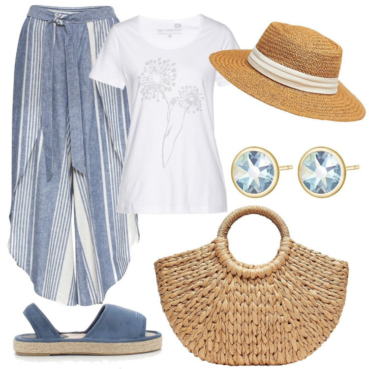 Outfit donna - Look estivo perfetto per oversize. Stile Boho per Tutti i giorni. Abbinamento con t-shirt, pantaloni a palazzo, borse a mano, cappelli, orecchini, sandali.