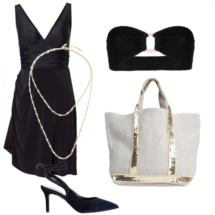 Outfit donna - Chic al mare. Stile Casual chic per Mare. Abbinamento con vestiti da spiaggia, borse a mano, décolleté, bikini, collane.