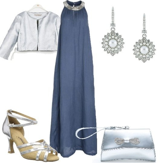 Outfit donna - Vestito lungo blu avio accessori argento. Stile Chic per Cerimonia. Abbinamento con vestiti lunghi, blazer, pochette, orecchini, sneakers alte.