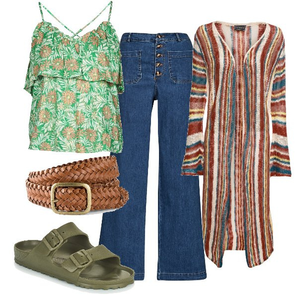 Outfit donna - Total look #1341524. Stile Boho per Tutti i giorni. Abbinamento con cardigans, cinture, camicie, pantaloni, ciabatte.