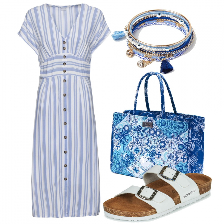 Outfit donna - Blu di città. Stile Bon Ton per Tutti i giorni. Abbinamento con vestiti, borse a mano, sandali, braccialetti.