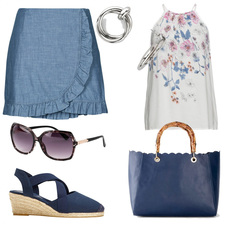 Outfit donna - Voglia d\'estate. Stile Basic per Tutti i giorni. Abbinamento con top, sandali col tacco, borse a mano, orecchini, occhiali da sole, minigonne.