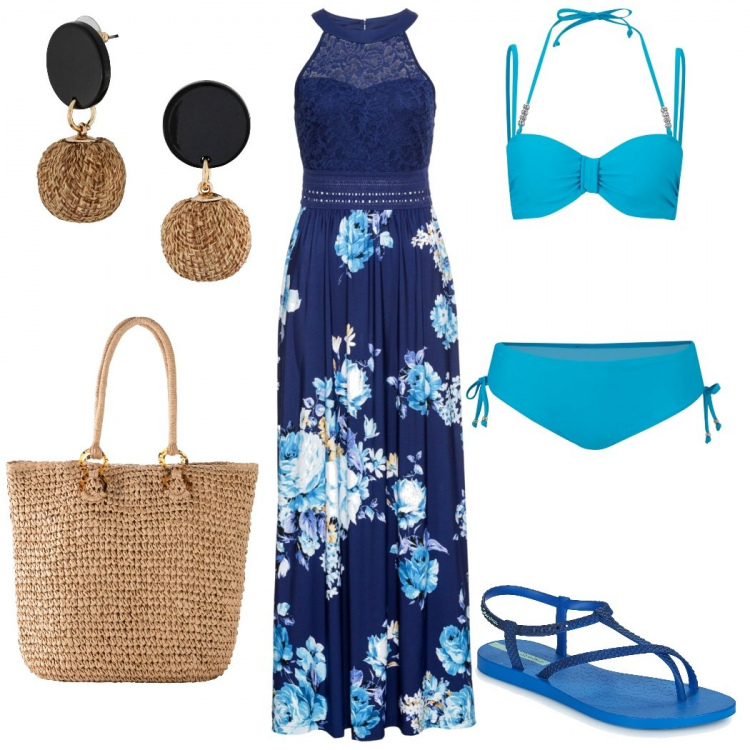 Outfit donna - Voglia d\'estate. Stile Boho per Mare. Abbinamento con vestiti lunghi, orecchini, bikini, shopping bag, sandali.
