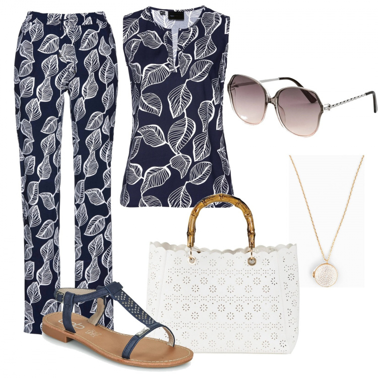 Outfit donna - Voglia d\'estate 2. Stile Minimal per Tutti i giorni. Abbinamento con pantaloni, top, borse a mano, collane, occhiali da sole, ciabatte.