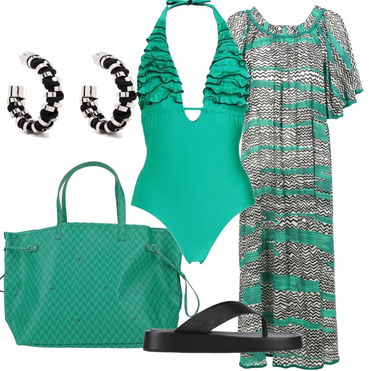 Outfit donna - Il costume con le ruches. Stile Glamour per Mare. Abbinamento con infradito, costumi interi, borse a mano, vestiti, orecchini.