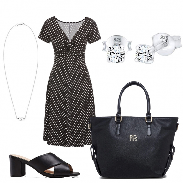 Outfit donna - Vestito nero a pois bianco. Stile Bon Ton per Tutti i giorni. Abbinamento con vestiti lunghi, ciabatte, borse a mano, orecchini, collane.