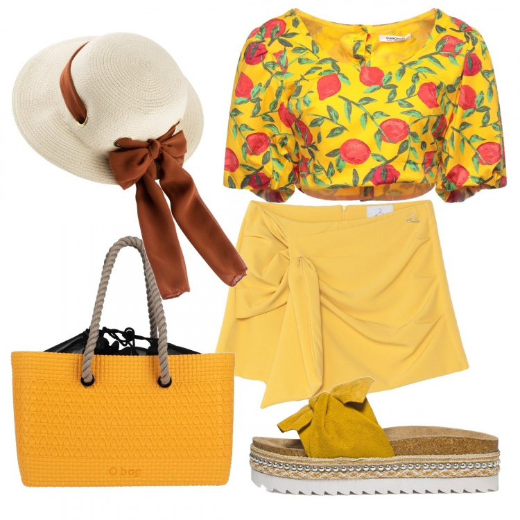 Outfit donna - Passeggiata sul lungomare. Stile Casual chic per Tutti i giorni. Abbinamento con cappelli, minigonne, borse a mano, bluse, sandali col tacco.