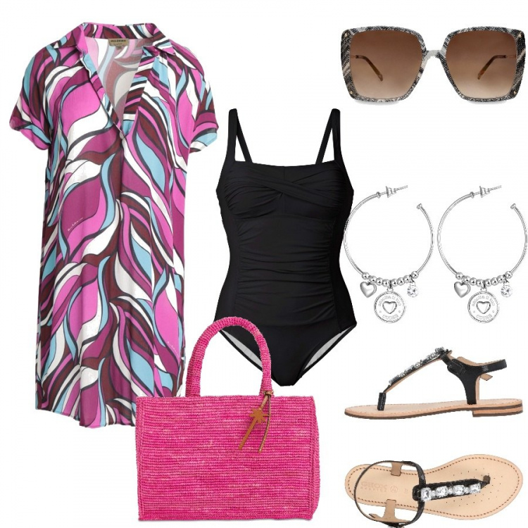 Outfit donna - Voglia di mare. Stile Chic per Mare. Abbinamento con costumi interi, vestiti da spiaggia, infradito, occhiali da sole, orecchini, shopping bag.
