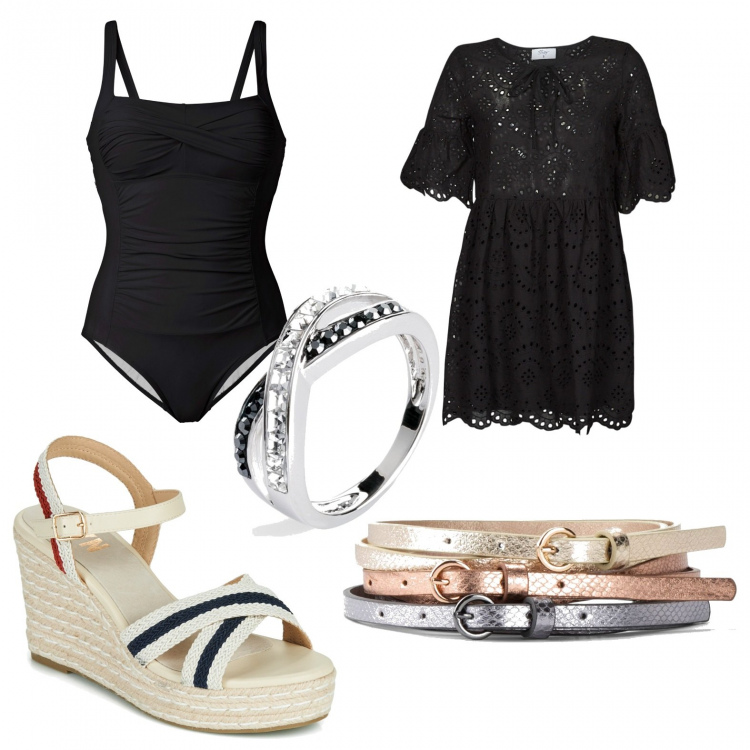 Outfit donna - Viva l\'estate. Stile Casual per Tutti i giorni. Abbinamento con costumi interi, cinture, anelli, vestiti corti, espadrillas.