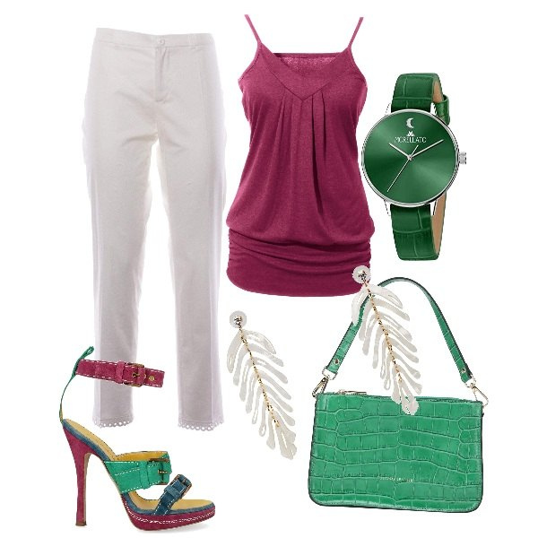 Outfit donna - Ciliegia. Stile Sexy per Serata fuori. Abbinamento con top, borse a mano, orecchini, sandali col tacco, pantaloni, orologi.