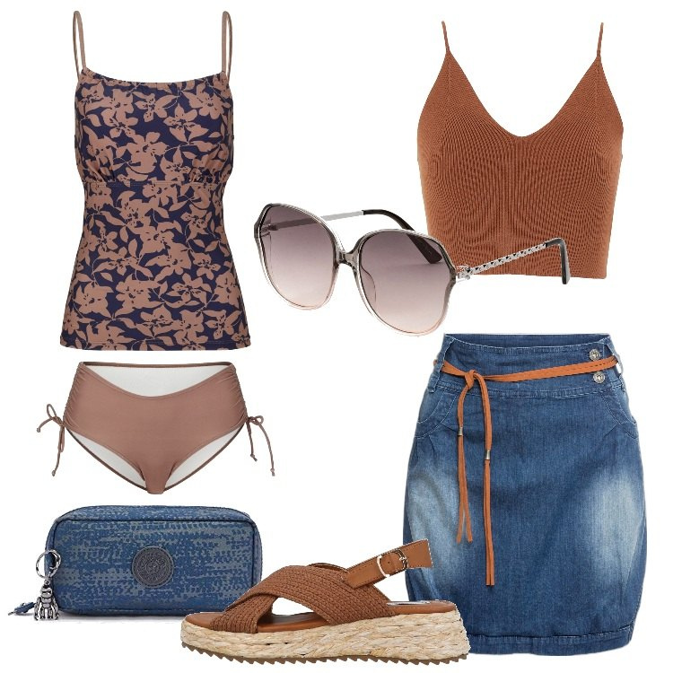 Outfit donna - Tankini e gonna in denim. Stile Casual per Mare. Abbinamento con minigonne, costumi interi, occhiali da sole, sandali col tacco, top, pochette.