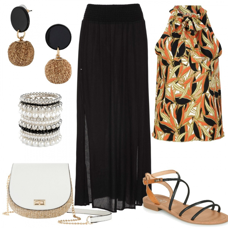 Outfit donna - Aperitivo al mare. Stile Casual chic per Tutti i giorni. Abbinamento con gonne lunghe, borse a tracolla, braccialetti, orecchini, top, sandali.