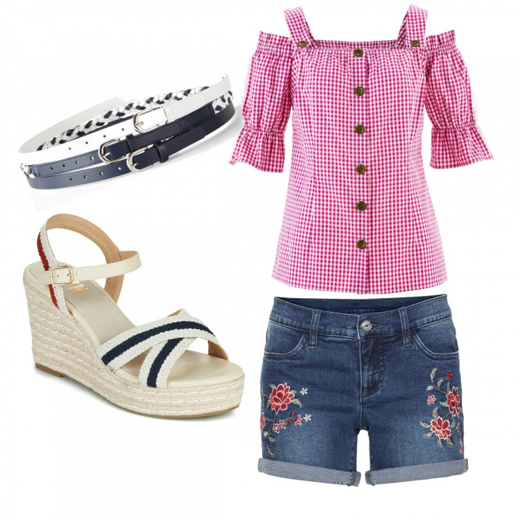 Outfit donna - Profumo fresco. Stile Casual per Tutti i giorni. Abbinamento con shorts, camicie a manica corta, cinture, espadrillas.