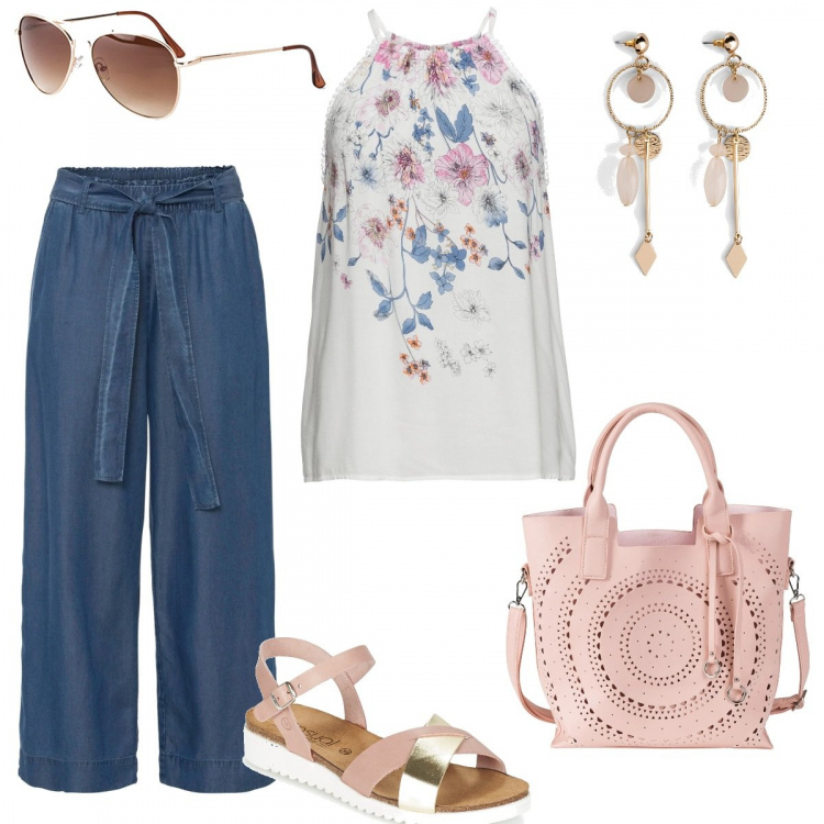Outfit donna - Estate in semplicità. Stile Basic per Tutti i giorni. Abbinamento con top, occhiali da sole, orecchini, pantaloni culotte, borse a mano, sandali.