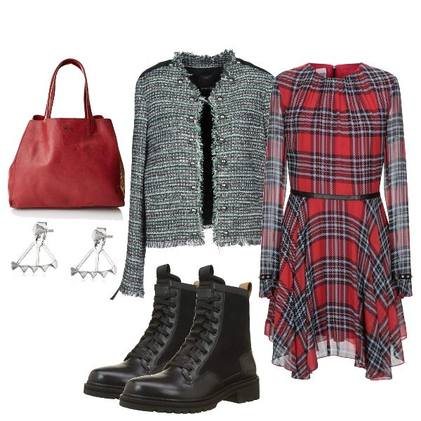 Outfit donna - Rocking British. Stile Urban per Tutti i giorni. Abbinamento con giacca tweed effetto laminato collo a v a maniche lunghe interno foderato con tasche, vestito corto, borse a spalla, stivaletti nero, orecchini in argento 925.