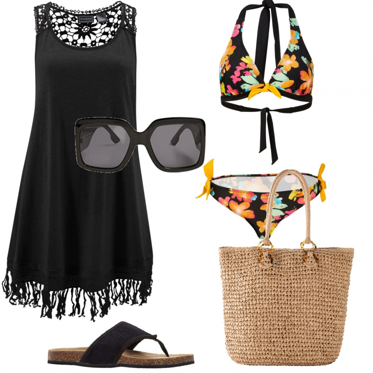 Outfit donna - Primi giorni di mare. Stile Bon Ton per Mare. Abbinamento con vestiti da spiaggia, bikini, infradito, shopping bag, occhiali da sole.