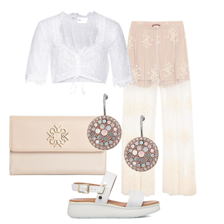 Outfit donna - Una serata calda. Stile Casual chic per Serata fuori. Abbinamento con pantaloni, camicie, pochette, sandali in pelle, orecchini.