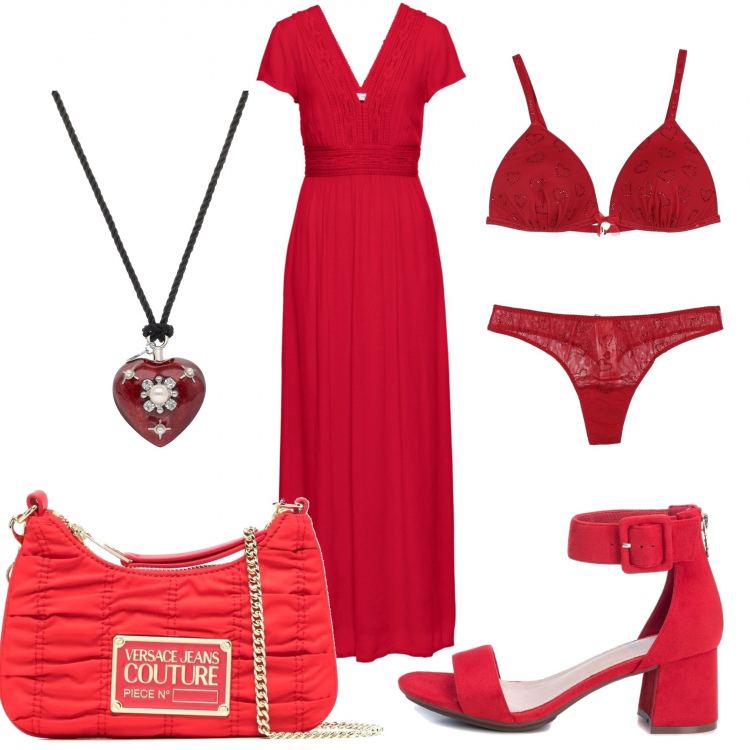 Outfit donna - Sexy #1072. Stile Sexy per Serata fuori. Abbinamento con vestiti lunghi, sandali in pelle, pigiama, ciondoli, borse a tracolla.