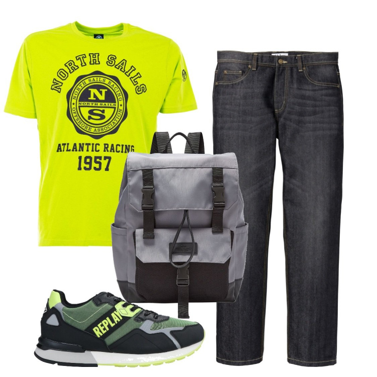 Outfit uomo - Total look #1342898. Stile Casual per Tutti i giorni. Abbinamento con jeans dritti, sneakers, borse sportive, t-shirt.