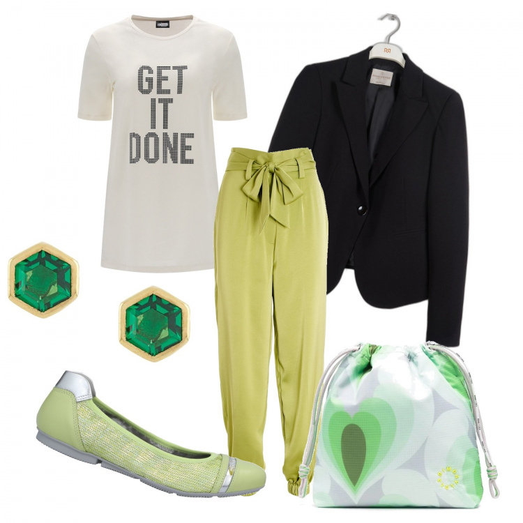 Outfit donna - Get it done. Stile Minimal per Tutti i giorni. Abbinamento con ballerine, blazer, pantaloni, t-shirt, orecchini, borse a secchiello.