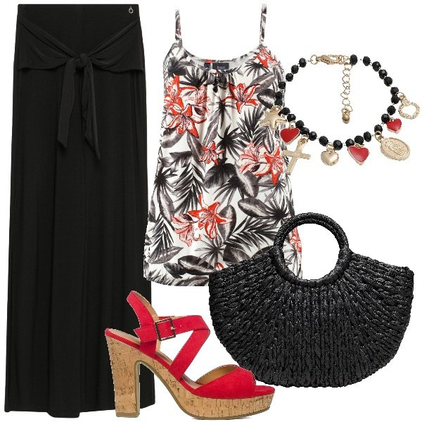 Outfit donna - Serata tropical. Stile Glamour per Serata fuori. Abbinamento con top, pantaloni, borse a mano, braccialetti, sandali in pelle.