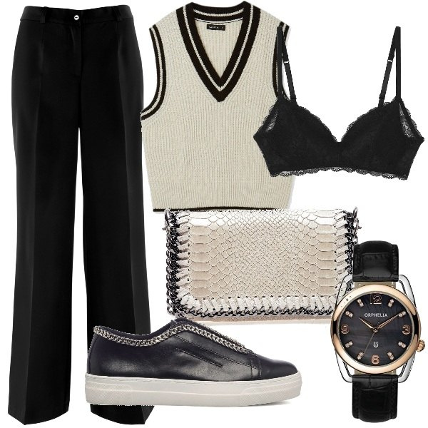 Outfit donna - Mannish at work. Stile Mannish per Ufficio. Abbinamento con pantaloni, pochette, gilet, reggiseni, sneakers, orologi analogici.