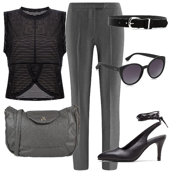 Outfit donna - Nero e grigio anche in primavera. Stile Glamour per Tutti i giorni. Abbinamento con cinture, décolleté, t-shirt, borse a tracolla, pantaloni, occhiali da sole.