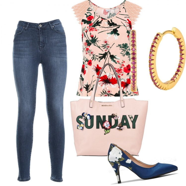 Outfit donna - Casual chic #10942. Stile Casual chic per Tutti i giorni. Abbinamento con borse a mano, orecchini, costumi interi, décolleté, jeans skinny.