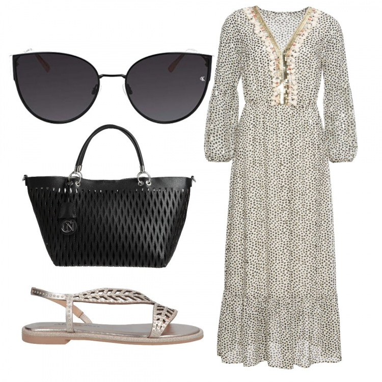 Outfit donna - Bohemian In Love. Stile Boho per Tutti i giorni. Abbinamento con vestiti lunghi, sandali in pelle, borse a mano, occhiali da sole.