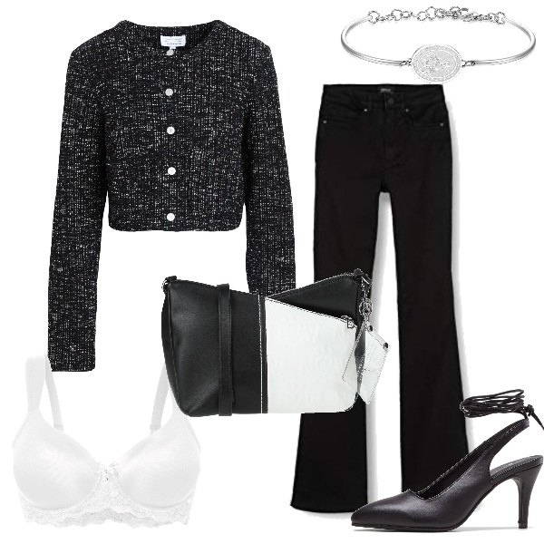 Outfit donna - Ispirazione Chanel low cost. Stile Chic per Ufficio. Abbinamento con reggiseni, décolleté, borse a tracolla, blazer, braccialetti, jeans a zampa.
