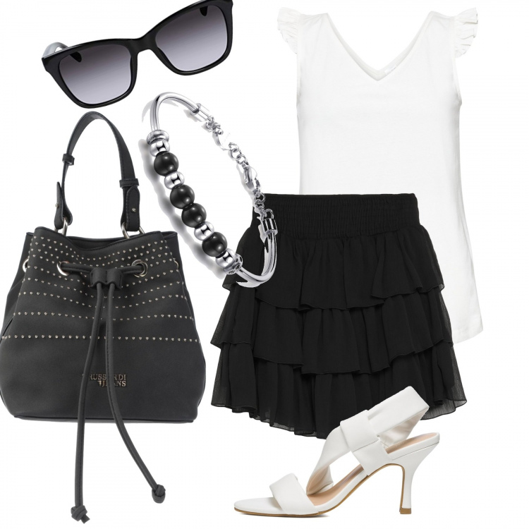 Outfit donna - La borsa scontatissima. Stile Bon Ton per Tutti i giorni. Abbinamento con top, borse a mano, minigonne, braccialetti, sandali in pelle, occhiali da sole.
