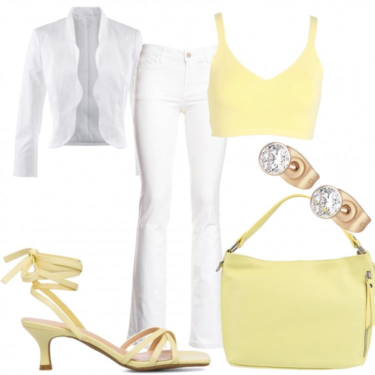 Outfit donna - Pantalone e giacca bianca con top giallo. Stile Chic per Tutti i giorni. Abbinamento con blazer, borse a mano, top, pantaloni, orecchini, sandali in pelle.