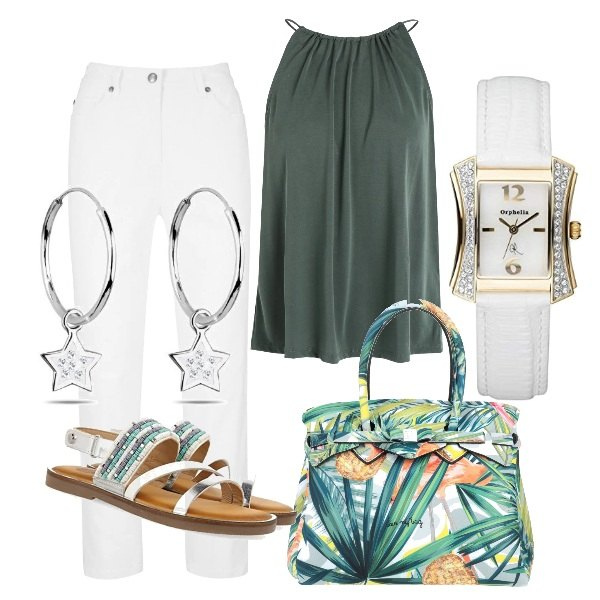 Outfit donna - Dettagli luccicanti. Stile Casual chic per Ufficio. Abbinamento con pantaloni, top, borse a mano, sandali, orecchini, orologi.