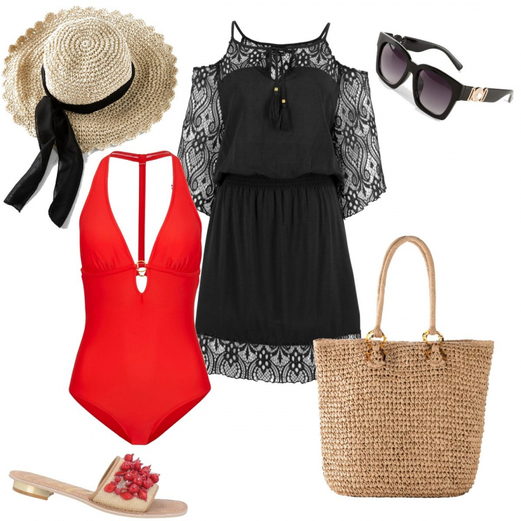 Outfit donna - In spiaggia con Stile. Stile Chic per Mare. Abbinamento con cappelli, vestiti, occhiali da sole, costumi interi, shopping bag, sandali gioiello.