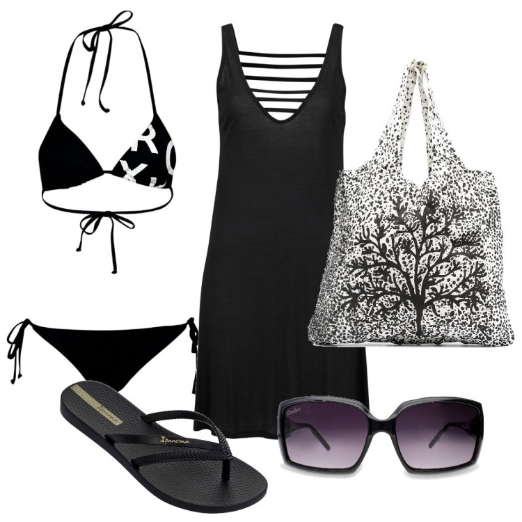 Outfit donna - Mare mare. Stile Minimal per Mare. Abbinamento con vestiti da spiaggia, occhiali da sole, costumi, borse tote, infradito.