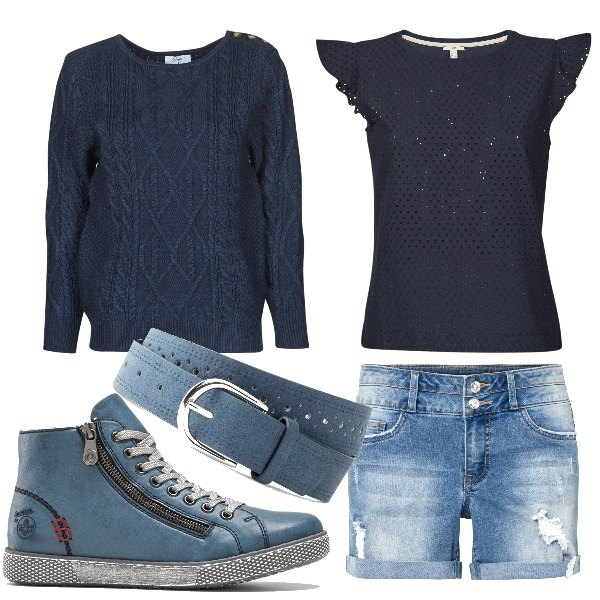 Outfit donna - Total look #1344104. Stile Casual per Tutti i giorni. Abbinamento con cinture, shorts, sneakers alte, t-shirt, maglieria.