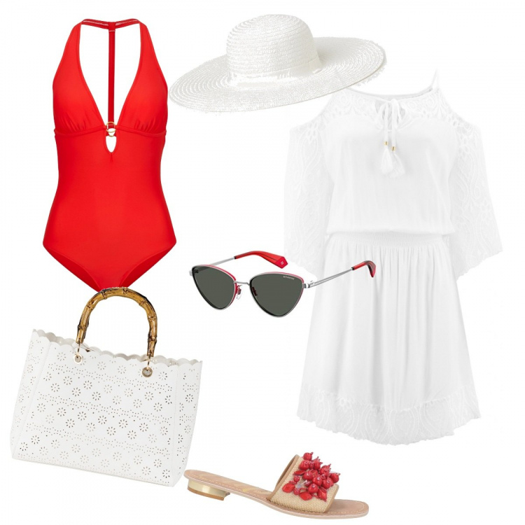 Outfit donna - Tempo di mare. Stile Casual chic per Mare. Abbinamento con costumi interi, vestiti, borse a mano, sandali gioiello, cappelli, occhiali da sole.