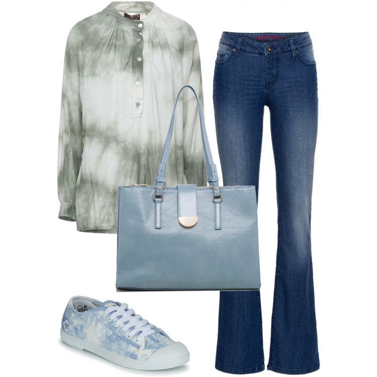 Outfit donna - Jeans e sneakers. Stile Casual per Tutti i giorni. Abbinamento con jeans bootcut, bluse, sneakers, borse a spalla.
