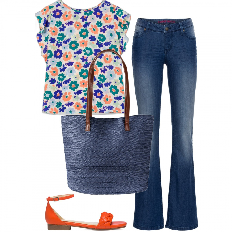 Outfit donna - Esco a fare la spesa. Stile Casual per Tutti i giorni. Abbinamento con jeans bootcut, shopping bag, bluse, sandali in pelle.