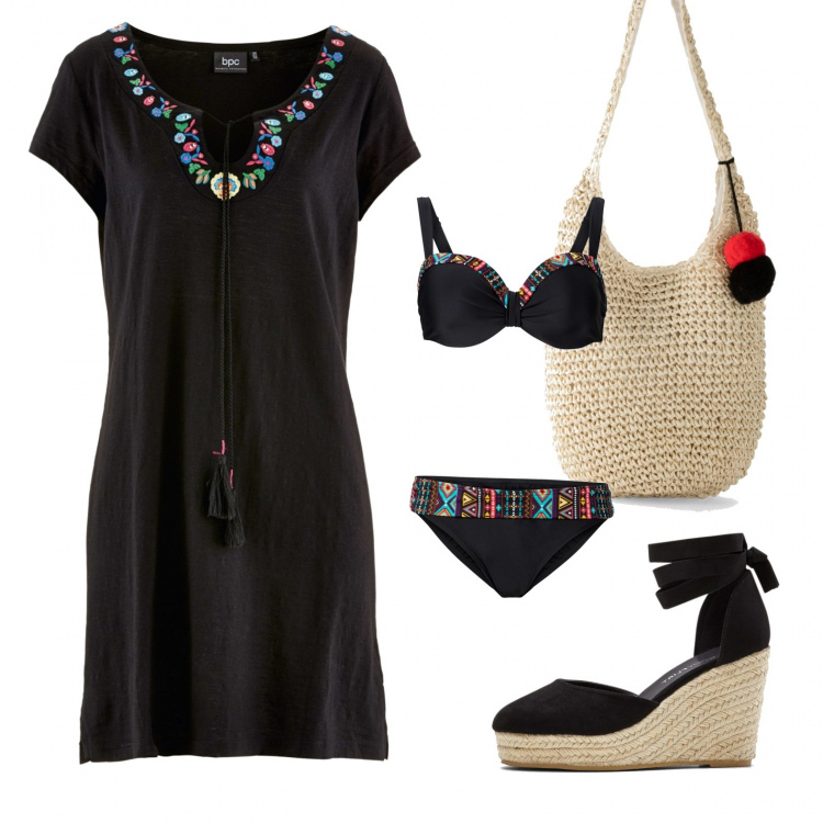 Outfit donna - Aperitivo in spiaggia (vegan ok). Stile Etnico per Tutti i giorni. Abbinamento con vestiti, bikini, décolleté, shopping bag.