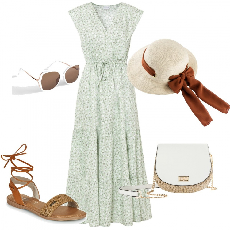 Outfit donna - SS 22 Bonprix/Spartoo. Stile Romantica per Tutti i giorni. look ideale per Tall. Abbinamento con cappelli, vestiti lunghi, borse a tracolla, occhiali da sole, sandali.