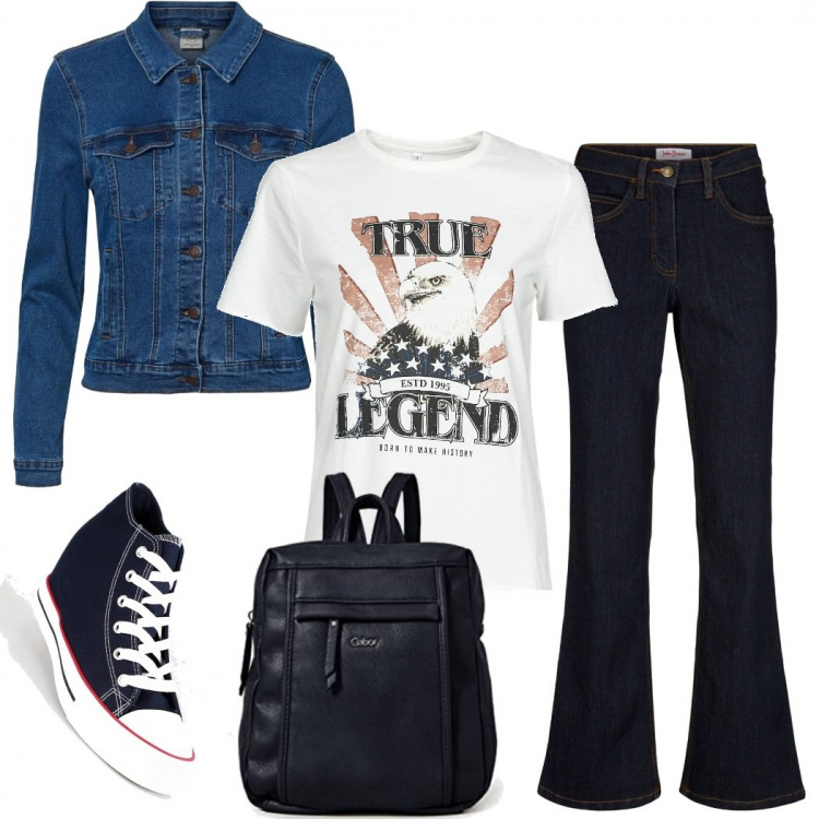 Outfit donna - In viaggio per il mondo. Stile Basic per Tutti i giorni. Abbinamento con jeans bootcut, sneakers alte, t-shirt, giacche, zaini.