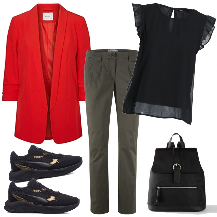 Outfit donna - Al lavoro in pullman. Stile Casual per Ufficio. Abbinamento con pantaloni chino, zaini, bluse, sneakers, blazer.