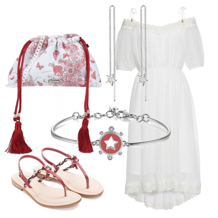 Outfit donna - Stelline. Stile Romantica per Tutti i giorni. Abbinamento con vestiti, borse a tracolla, sandali, braccialetti, orecchini.