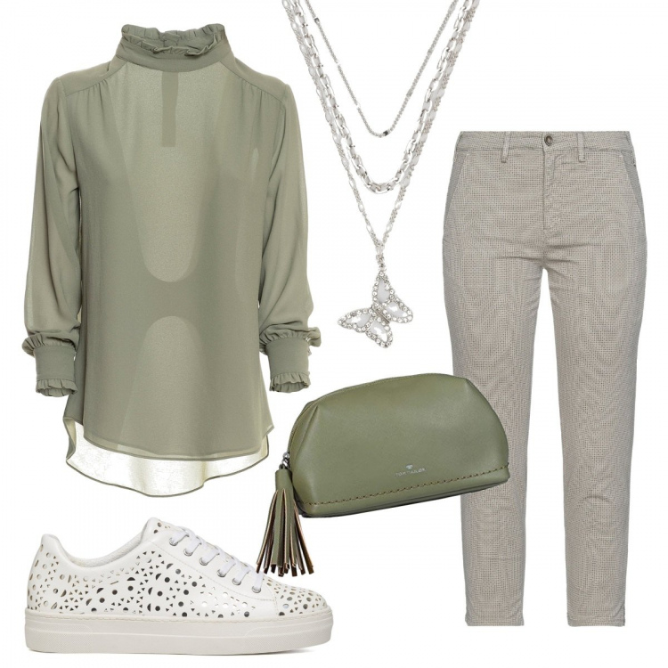 Outfit donna - Adatto in ogni occasione. Stile Casual chic per Serata fuori. Abbinamento con bluse, sneakers, pantaloni capri, clutch, ciondoli.